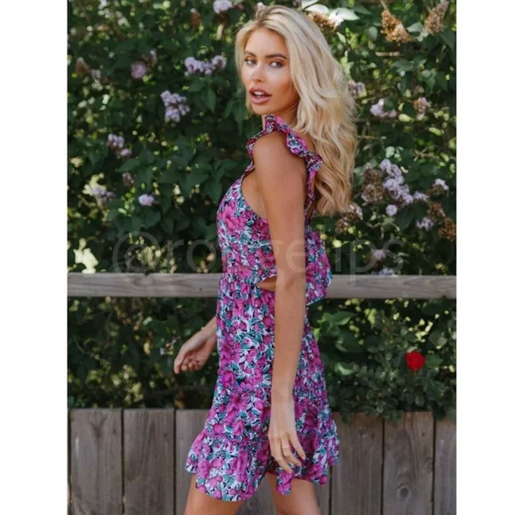 Floral Print Mini Dress Ruffle Detail Tie Back Fuchsia Green White - Picture 3 of 16